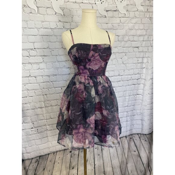 LAST CHANCE Lulus XS Midnight Beauty Black Purple Floral Bustier Mini Dress - Picture 3 of 11
